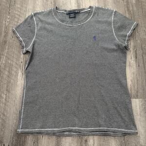 Ralph Lauren Sport T-Shirt Womens XL Top Blue White Striped Cap Sleeve Crewneck